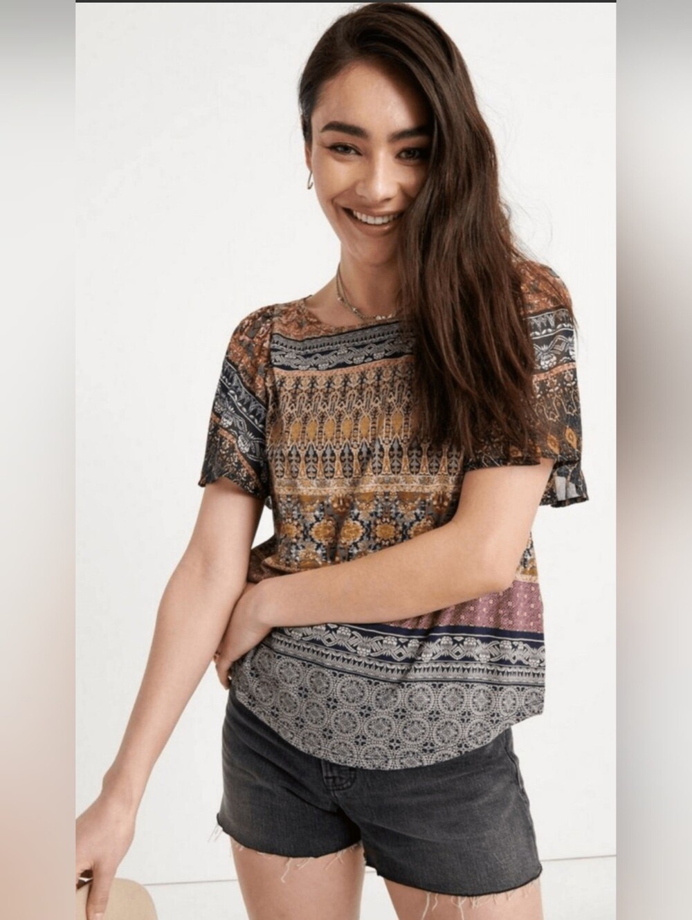Lucky Brand Mixed Media Flutter Sleeve Boho Top